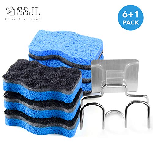 Product Cover SSJL Multi-Use Kitchen Sponges with Adhesive Stainless Steel Holder - Natural Sponges Kitchen Dish Sponge Dual-Sided Cellulose Scrubber - Effortless Cleaning Eco Scrub Pads For Dishes (6 Pack)