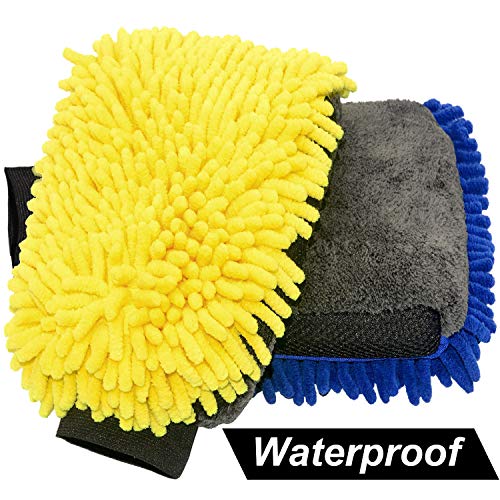 Product Cover BUIEBOY Car Wash Mitt - 2 Pack Extra Large Size - Winter Waterproof -Premium Chenille Microfiber Washing Mitts-Coral Velvet - Wash Glove-Lint Free - Scratch Free(Blue 1 + Yellow 1)