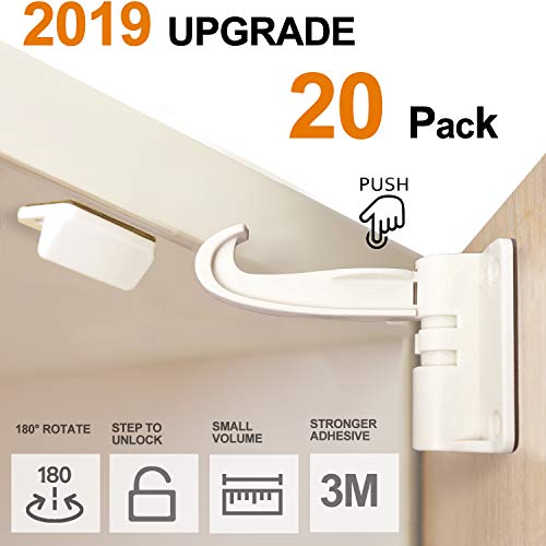 Product Cover 20 Pack Newest Kitchen Cabinet Locks Child Safety Baby Safety Cabinet Locks No Drilling Screws for Latches and Drawers, Upgraded 3M Adhesives, Invisible Design White