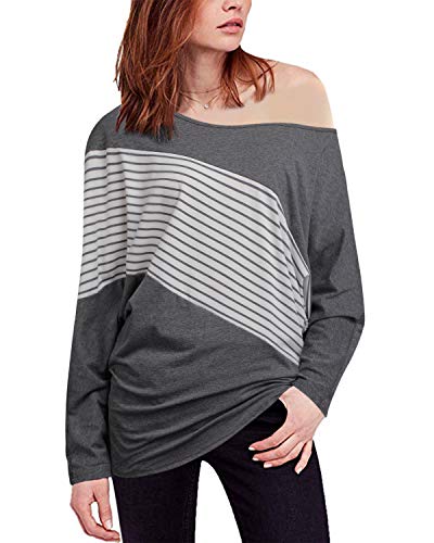 Product Cover II ININ Women's Off Shoulder Tops, Casual Batwing Long Sleeve Sweatshirts Loose Patchwork T Shirts(Gray,XL)