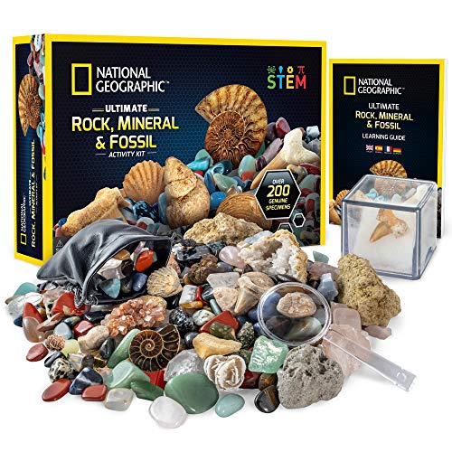 Product Cover NATIONAL GEOGRAPHIC Rocks & Fossils Kit - 200 Piece Set Includes Geodes, Real Fossils, Rose Quartz, Jasper, Aventurine, & Many More Rocks, Crystals & Gemstones