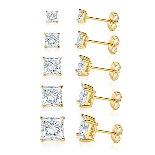 Product Cover MDFUN 18K Yellow Gold Plated Princess Cut Clear Cubic Zirconia Stud Earring Pack of 5 Pairs