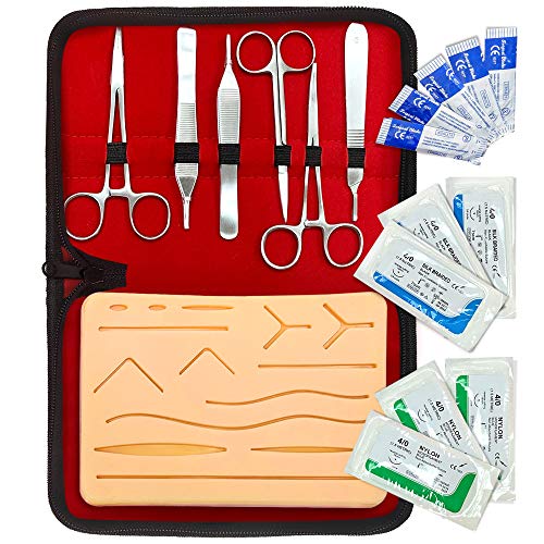 Product Cover Complete Suture Practice KIT for Medical and Vet Students - Reusable Skin Simulation Silicon PAD 4th GEN with PRE-Cut Wounds, Full Set of Essentials Stainless Still SUTURING Tools