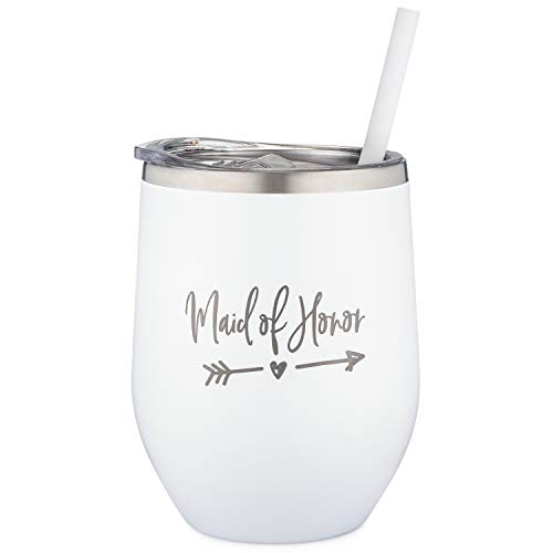 Product Cover Maid Of Honor Tumbler - 12 Ounce Engraved Stainless Steel Wine Tumbler with Lid and Straw | Maid of Honor Proposal | Will You Be My Maid of Honor | Bridal Party