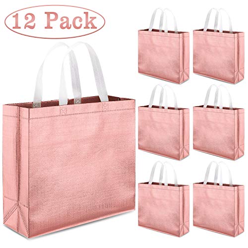 Product Cover Whaline Set of 12 Glossy Reusable Grocery Bag, Tote Bag with Handle, Non-woven Stylish Present Bag, Gift Bag, Goodies Bag, Shopping Promotional Bag, for Hoilday Party, Event, Birthday(Rose Gold)