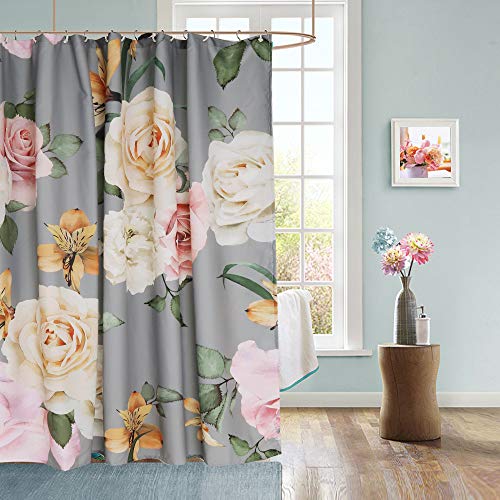 Product Cover Uphome Floral Fabric Shower Curtain, Grey and Cream Shabby Chic Rose Flower Cloth Shower Curtain Thick Water Repellent Pastel Spring Penny Bathroom Curtains for Shower with Hooks Set, 36 x 72