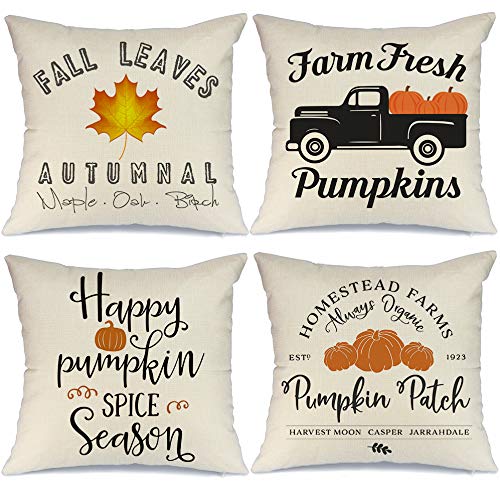 Product Cover AENEY Fall Pillow Covers 18x18 inch Set of 4 Truck Pumpkin Patch Leaves Throw Pillows for Fall Thanksgiving Decor Farmhouse Fall Decorations Decorative Pillows