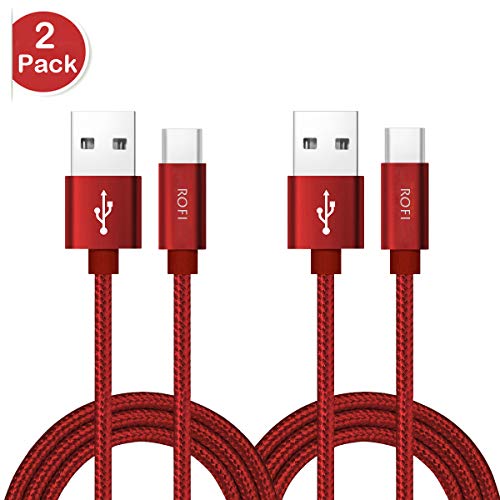 Product Cover RoFI USB Type C Cable, [2Pack] 2FT USB C Cable Nylon Braided Fast Charging Cable for Galaxy S10 S9 S8 Plus Note 9 8, Pixel, Moto Z, LG V30 V20 G5, Xperia, Oneplus, Nintendo Switch and More (Red, 2 FT)
