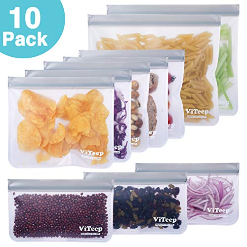 Product Cover Reusable Storage Bags 10 Pack Leakproof Freezer Gallon Bag - Extra Thick PEVA Ziplock Bags Sandwiches, Lunch, Kids Snacks, Veggies, Baby Toys, Travel or Make-Up