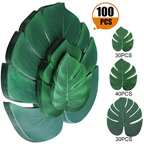 Product Cover Artificial Tropical Palm Leaves 100 Pcs Plant Faux Safari Leaves Monstera Fake Large Green Leaf for Hawaiian Luau Tiki Aloha Jungle Beach Birthday Theme BBQ Party Table Decorations Supplies (3 Size)