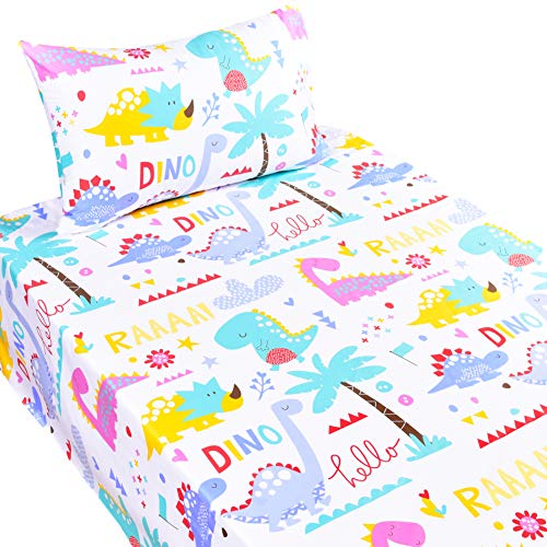 Product Cover J-pinno Dinosaur Twin Sheet Set for Kids Boys Girls Children,100% Cotton, Flat Sheet + Fitted Sheet + Pillowcase Bedding Set