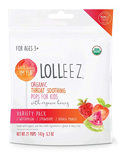 Product Cover Lolleez Organic Throat Soothing Pops for Kids (with Organic Honey) - 21ct Variety Pack (1 Bag, 21 pops, 3 Flavors). Made by Momeez Choice