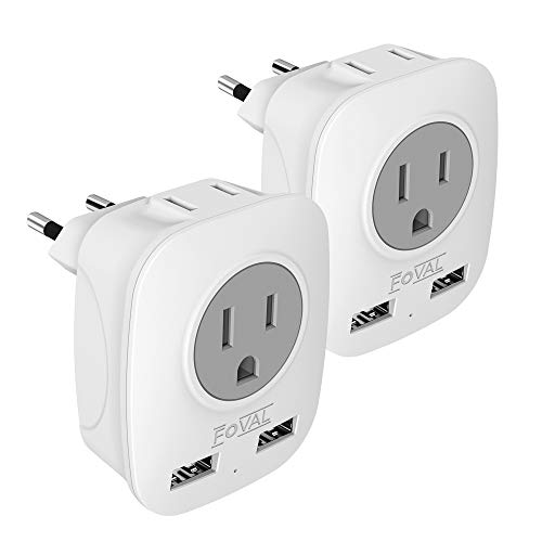 Product Cover European Travel Plug Adapter, Foval European Plug Adapter US to Europe Power Outlets Adapter with 2 USB, 4 in 1 Europe Travel Adapter for France, Germany, Spain, Greece, Russia (2 Pack Type C)