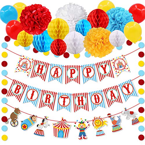 Product Cover 30pcs Carnival Circus Party Decorations Supplies, Carnival Birthday Party Ideas, Circus Happy Birthday Banner Balloons Tissue Paper Flowers Pom Poms Honeycomb Ball Circle Dots, Hanging Garland Banner for Circus Birthday Baby Shower Clown Ba