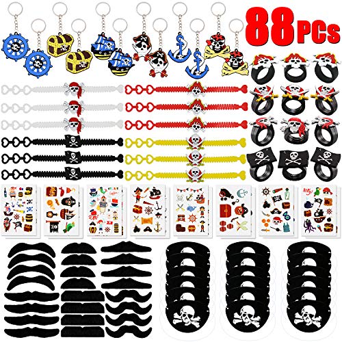 Product Cover GeeVen 88 PCs Pirate Party Supplies Favors Pirate Keychain Rings Bracelets Pirate Eye Patch Mustache Tattoos Stickers Pirate Party Favors Decoration