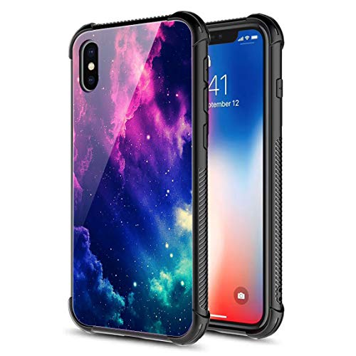 Product Cover iPhone XR Cases, 9H Tempered Glass iPhone XR case Marble Sky Pattern Design, TPU Frame Shock Absorption Bumper Protective Case for iPhone XR 6.1in Pink Blue Green Galaxy