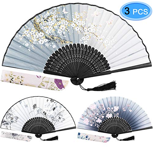 Product Cover EAONE 3 Pcs Hand Folding Fan, Chinese Vintage Style Handheld Fan with Fabric Sleeve, Silk Fan with Bamboo Frame and Elegant Tassel for Party Wedding Dancing Decoration