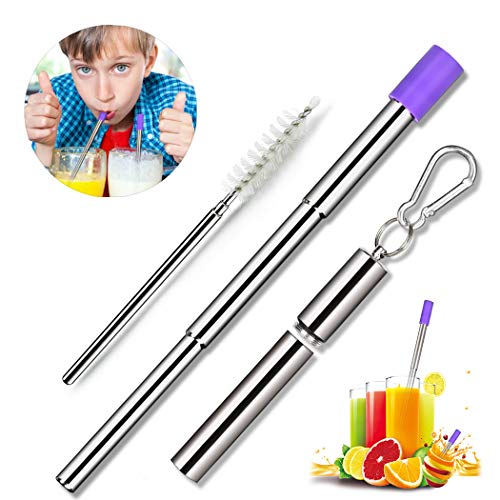Product Cover Collapsible Metal Straws Reusable Keychain Straw - Telescopic Stainless Steel Foldable Drinking Straws with Travel Cases Cleaning Brush