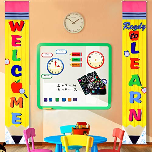 Product Cover Back to School Decoration First Day of School Banner Welcome School Bulletin Board Porch Sign Welcome Classroom Banner Teacher Banner for Indoor/Outdoor School Decoration School Party (Yellow)