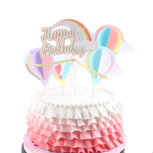 Product Cover Colorful Rainbow Happy Birthday Cake Topper Cloud Hot Air Balloons Cupcake Topper Cloud Rainbow Cake Decorations for Birthday Baby Shower Wedding Party Supplies