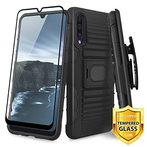 Product Cover TJS Case for Samsung Galaxy A50 2019, with [Full Coverage Tempered Glass Screen Protector] Belt Clip Holster Impact Resistant Magnetic Support Hybrid Kickstand Heavy Duty Armor Phone Cover (Black)