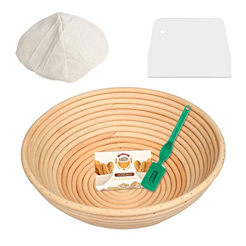 Product Cover Round Banneton Proofing Basket (10 x 6 x 4 inch), Bread Proofing Basket with Cloth Liner, Dough Scraper for for Professional & Home Bakers