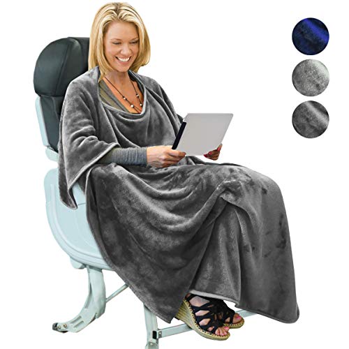 Product Cover Portable Travel Blanket Airplane Office 4 in 1 Micro Mink Fleece Poncho Blanket Folable with Pocket and Built-in Bag - Great for Airplane Car Train Travel - Ultra Soft and Cozy, Grey