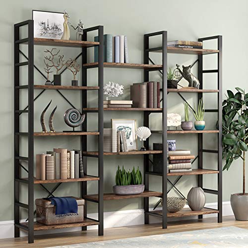 Product Cover Tribesigns Rustic Triple Wide 5-Shelf Bookcase, 5 Tier Etagere Large Open Bookshelf Vintage Industrial Style Shelves Wood and Metal bookcases Furniture for Home & Office, Retro Brown