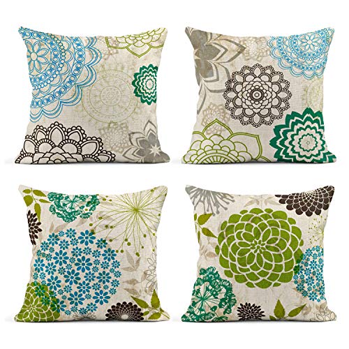 Product Cover Tarolo Set of 4 Linen Throw Pillow Cover Case Sparklers Floral Patterns Decorative Pillow Cases Covers Home Decor Square 20 x 20 Inches Pillowcases