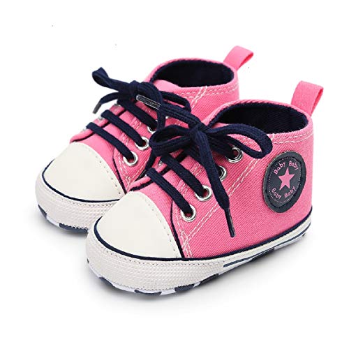 Product Cover Infant Baby Boys Girls Canvas Shoes Soft Sole High-Top Ankle Sneakers First Walker Prewalker Shoes(0-18 Months) (6-12 Months, Pink)