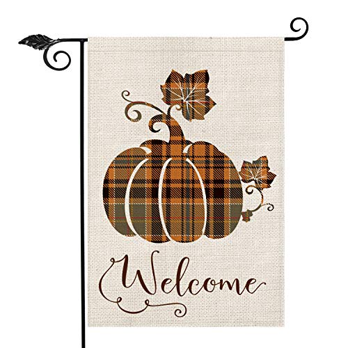 Product Cover AVOIN Fall Buffalo Check Plaid Pumpkin Garden Flag Vertical Double Sided Welcome Quote, Seasonal Autumn Vintage Thanksgiving Rustic Burlap Yard Outdoor Decoration 12.5 x 18 Inch