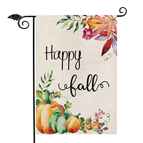 Product Cover AVOIN Happy Fall Garden Flag Vertical Double Sided Maple Leaf Leaves Pumpkins, Seasonal Autumn Vintage Thanksgiving Rustic Burlap Yard Outdoor Decoration 12.5 x 18 Inch