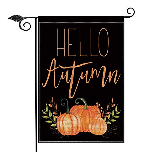 Product Cover AVOIN Hello Autumn Pumpkins Garden Flag Vertical Double Sided, Seasonal Fall Harvest Vintage Thanksgiving Rustic Burlap Yard Outdoor Decoration 12.5 x 18 Inch