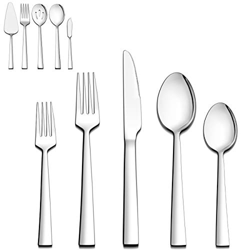 Product Cover LIANYU 45-Piece Silverware Set with Serving Utensils, Stainless Steel Square Flatware Cutlery Set for 8, Eating Utensils Tableware Set, Mirror Finish