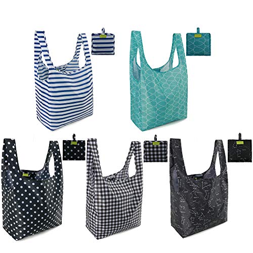 Product Cover Reusable Grocery Bags Set, Grocery Tote Foldable into Attached Pouch, Ripstop Polyester Waterproof Reusable Shopping Bags, Washable, Durable and Lightweight (Classic Pattern 5 Pack)