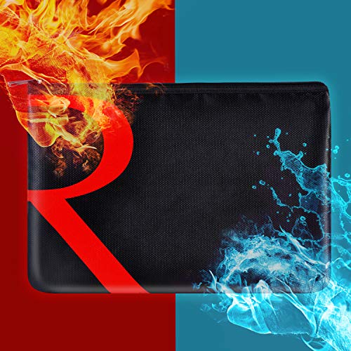 Product Cover Fireproof Document Bag, RUNJNAN Fire and Water Resistant Money Cash Bag with Zipper Closure, Safe Storage for License, Phone, A4 Size File Folder Holder, Document, Tablet and Passport