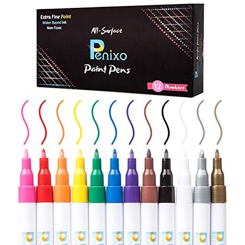 Product Cover Penixo Premium Paint Pens - Set of 12 Acrylic Markers Extra Fine Tip for DIY Arts and Crafts Projects