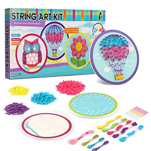 Product Cover Koltose by Mash String Art Craft Kit for Kids - Triple Art Project for Girls and Boys Ages 6-15, with Child Safe Plastic Pins, Makes an Owl, Hot Air Balloon, and a Flower String Art Canvases