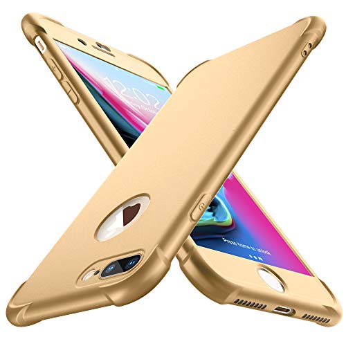 Product Cover iPhone 8 Plus Case,ORETech iPhone 7 Plus Case with [2 x Tempered Glass Screen Protector] 360° Full Body Ultra-Thin Hard PC + Silicone Case for iPhone 7 Plus/iPhone 8 Plus Case 5.5inch -Gold