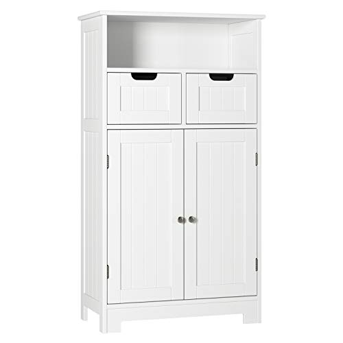 Product Cover HOMECHO Bathroom Floor Cabinet Wooden Storage Organizer Side Cabinet with 2 Drawer 2 Doors Adjustable Open Shelf Free Standing Kitchen Cupboard for Home Office, White, HMC-MD-016