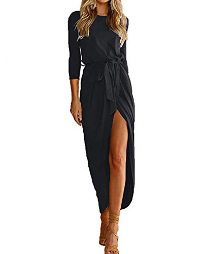 Product Cover Qearal Women Short/3/4 Sleeve Belted Dress Elastic Waist Slit Long Maxi Dress