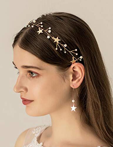 Product Cover Bestyuan Sequins Pearl Star Headband Earrings Set Rhinestone Headband Wedding Hair Accessories Tassel Pearl Star Pendant Gold Chain Earrings Floral Pearl Headband&Earrings Set (gold)