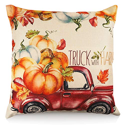 Product Cover FUNARTY Fall Pillow Cover Farmhouse Pumpkin Truck Autumn Quotes Cotton Linen Cushion Case for Home Couch Decor 18 x 18 Inches