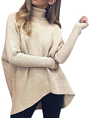 Product Cover Tutorutor Womens Turtleneck Ribbed Knit Pullover Sweaters Batwing Long Sleeve Asymmetric Hem Casual Winter Jumper Top