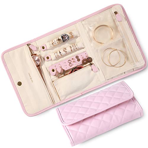Product Cover Tidy Jewels! Travel Jewelry Organizer - Traveling Jewelry Case with Tangle-Free Necklace Jewelry Storage, Earring Holder, Ring Organizer and Bracelet Holder Pouch - 9 x 6 Inch Jewelry Roll Bag (Pink)