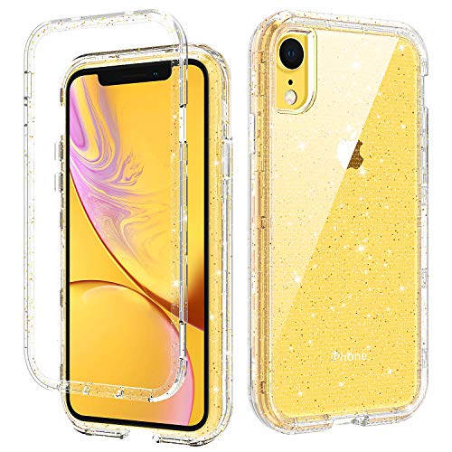Product Cover iPhone XR Case, Gold Glitter iPhone XR Clear Cases Three Layer Heavy Duty Hybrid Hard PC Flexible TPU Bumper Shockproof Phone Cover Transparency iPhone XR Protective Case with Gold Flake Bling Design