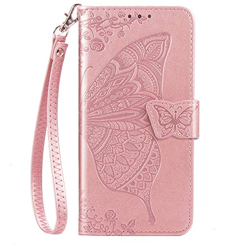 Product Cover DiGPlus Galaxy A50 Wallet Case, [Butterfly & Flower Embossed] Premium PU Leather Wallet Flip Protective Phone Case Cover with Card Slots and Stand for Samsung Galaxy A50 (Rosegold)