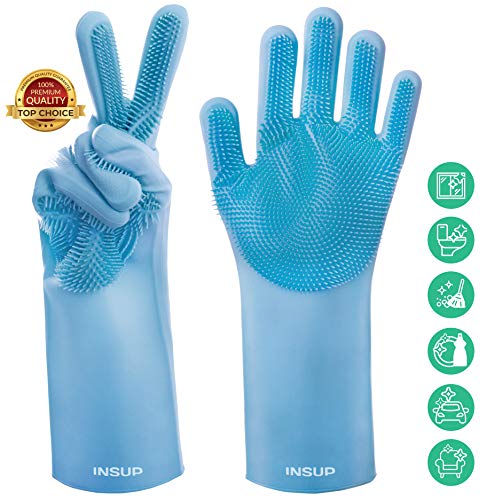 Product Cover INSUP Premium Dishwashing Gloves with Bristles - Magical Cleaning Gloves Washing Mitts with Scrubbers Best for Household and Multi Purpose Use - Scrub for Kitchen Gloves (Blue)