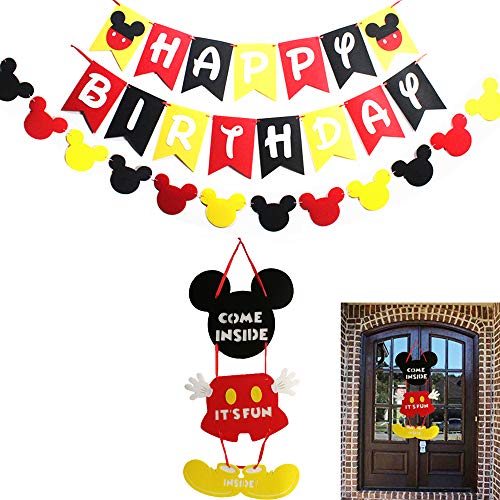 Product Cover Mickey Mouse Party Supplies Kits, Mickey Happy Birthday Banner Flags, Garland and Welcome Hanger Door Sign for Baby Kids Shower Mickey Mouse Favors Theme Decoration