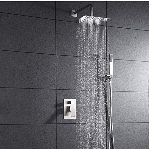 Product Cover Luxury Bathroom Shower Faucet Combo Set Complete With Big Flow Pressure Balance Valve Rainfall Shower Head System Brushed Nickel with 10 Inch Ceiling Shower Head and Brass Hand Sprayer